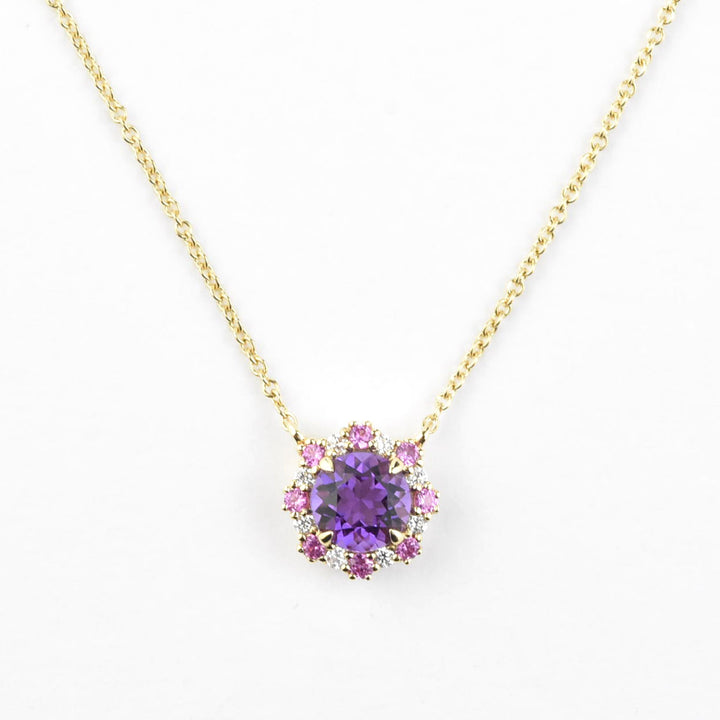 Amethyst, Pink Sapphire and Diamond Necklace 14k Gold