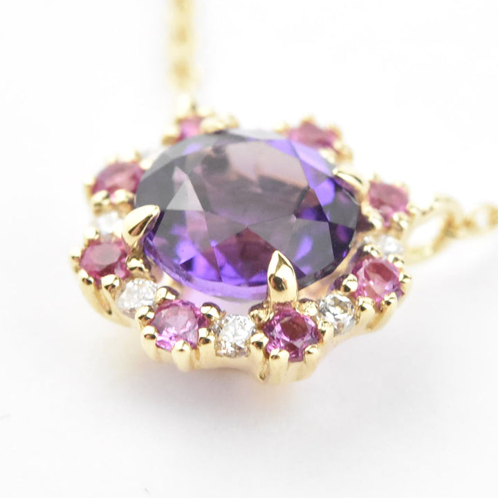 Amethyst, Pink Sapphire and Diamond Necklace 14k Gold