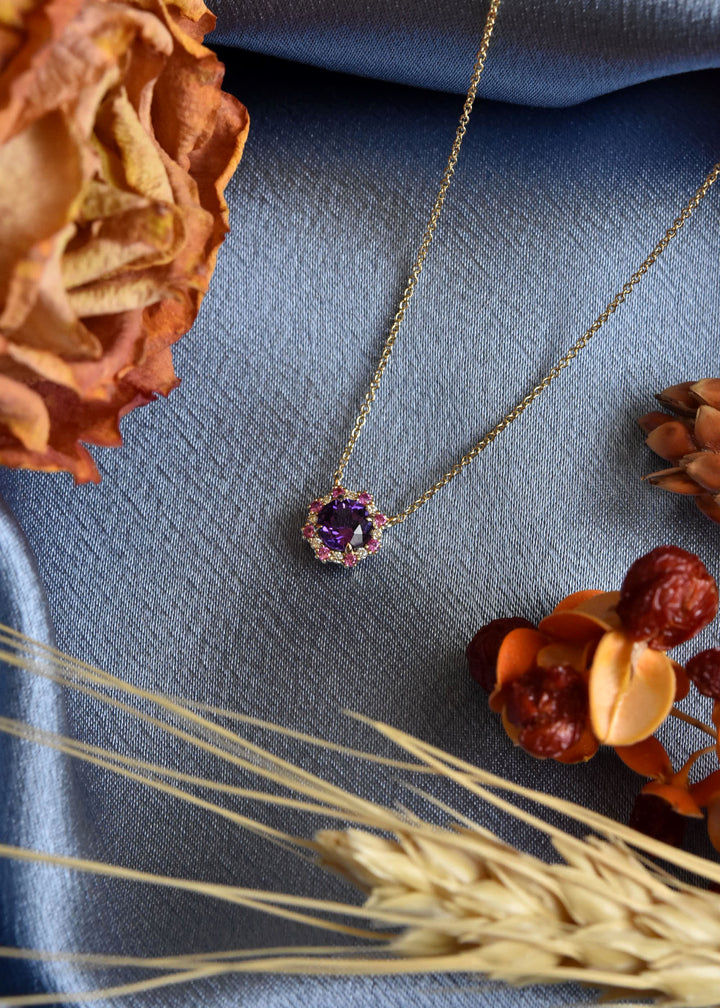 Amethyst, Pink Sapphire and Diamond Necklace 14k Gold