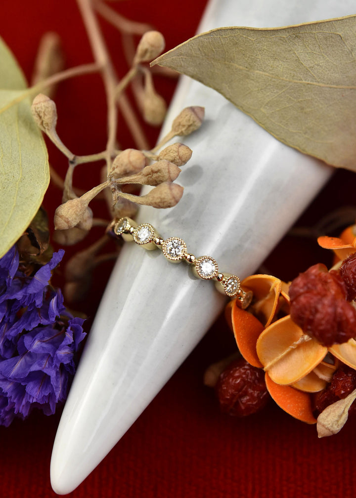 Bezel Set Milgrain Diamond Band in Yellow Gold - Goldmakers Fine Jewelry