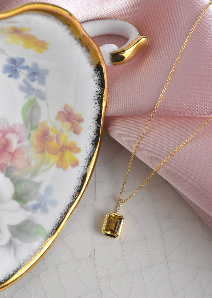 Emerald-Cut Citrine Necklace in 14k Yellow Gold