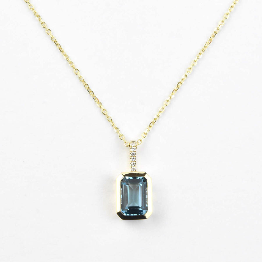 Emerald-Cut London Blue Topaz & Diamond Necklace 14k Yellow Gold - Goldmakers Fine Jewelry