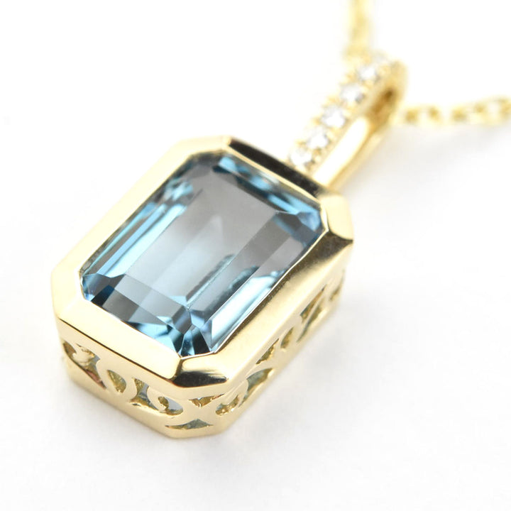 Emerald-Cut London Blue Topaz & Diamond Necklace 14k Yellow Gold - Goldmakers Fine Jewelry