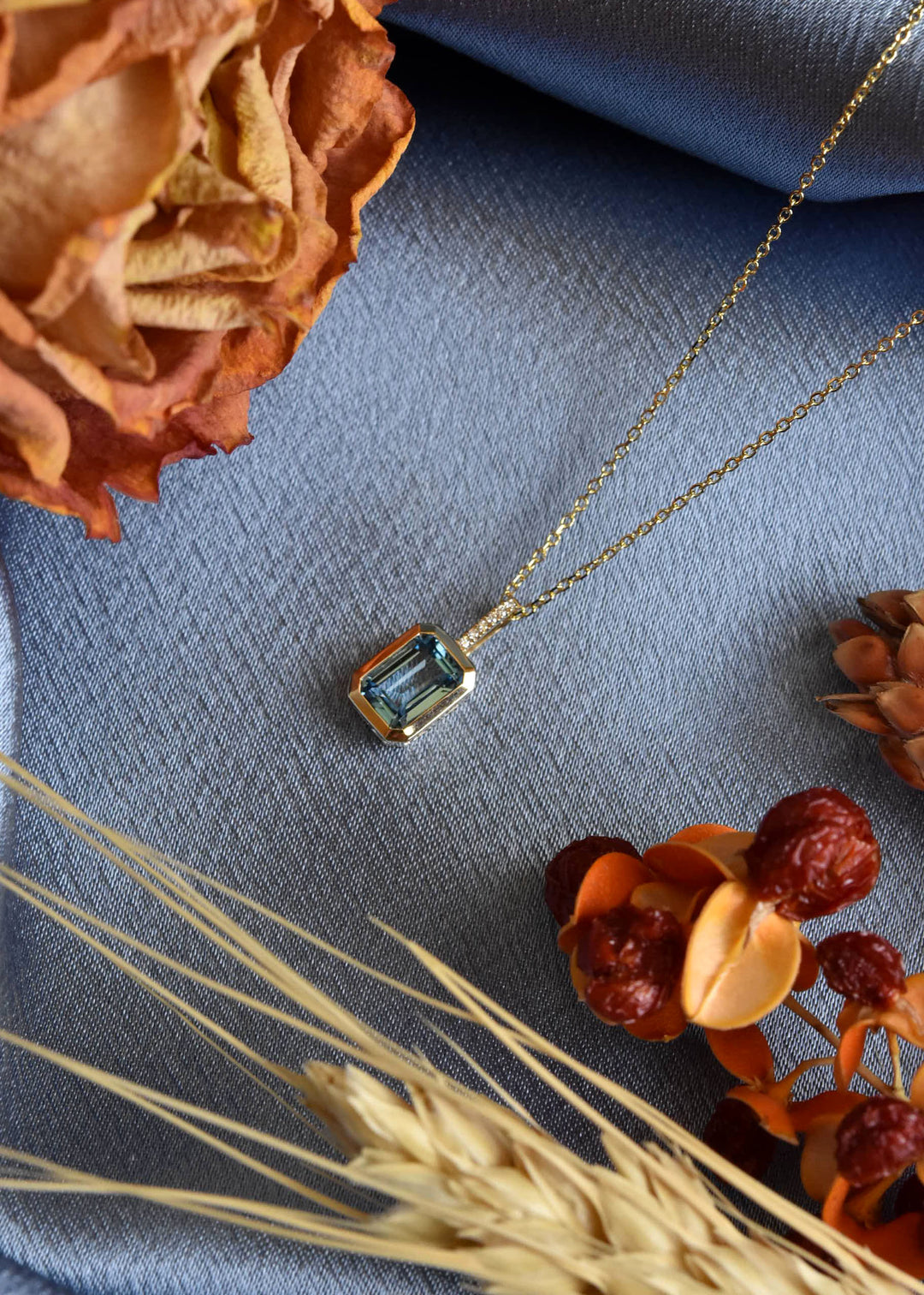 Emerald-Cut London Blue Topaz & Diamond Necklace 14k Yellow Gold - Goldmakers Fine Jewelry