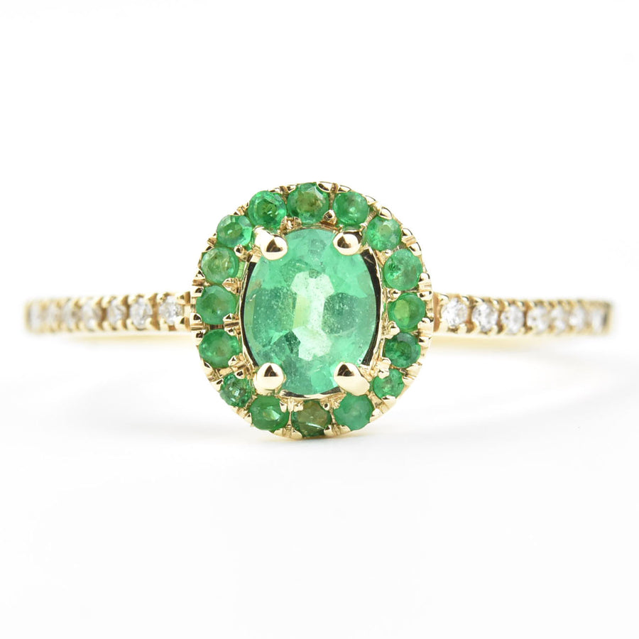Oval Emerald Halo and Diamond Ring in 14k Yellow Gold - Goldmakers Fine Jewelry