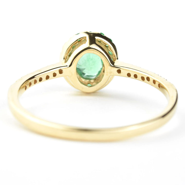Oval Emerald Halo and Diamond Ring in 14k Yellow Gold - Goldmakers Fine Jewelry