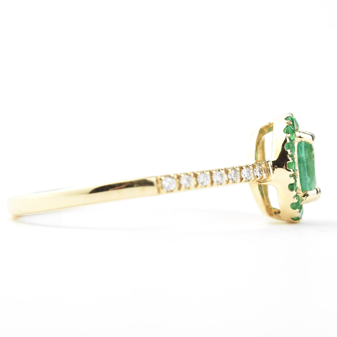 Oval Emerald Halo and Diamond Ring in 14k Yellow Gold - Goldmakers Fine Jewelry