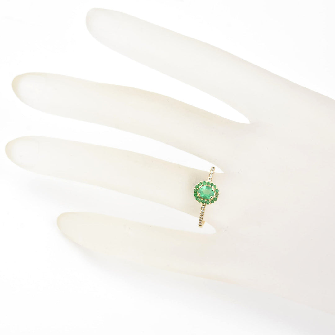 Oval Emerald Halo and Diamond Ring in 14k Yellow Gold - Goldmakers Fine Jewelry