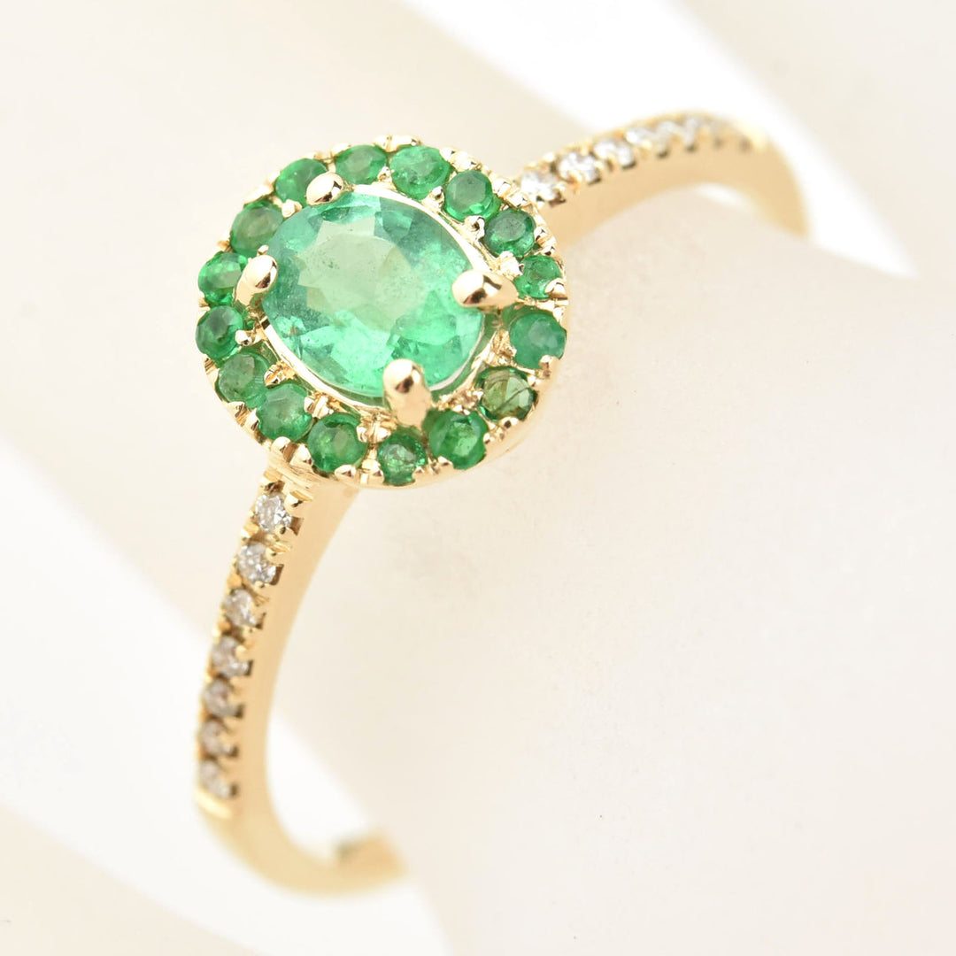 Oval Emerald Halo and Diamond Ring in 14k Yellow Gold - Goldmakers Fine Jewelry
