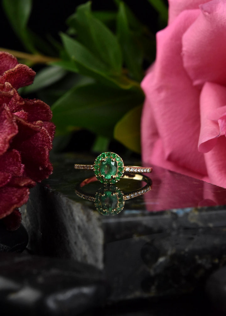 Oval Emerald Halo and Diamond Ring in 14k Yellow Gold - Goldmakers Fine Jewelry