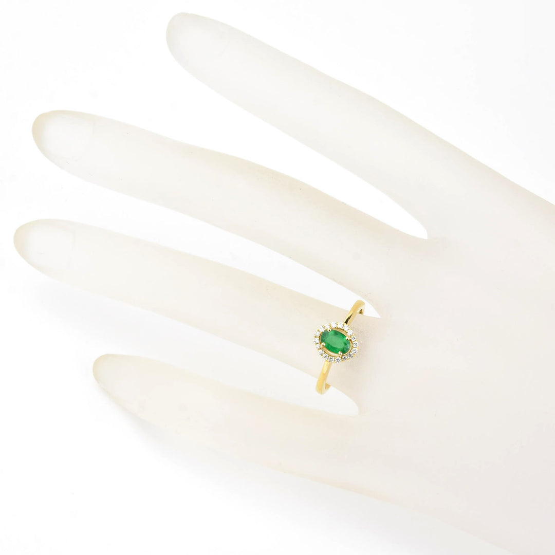 Emerald and Diamond Halo Ring in 18k Yellow Gold