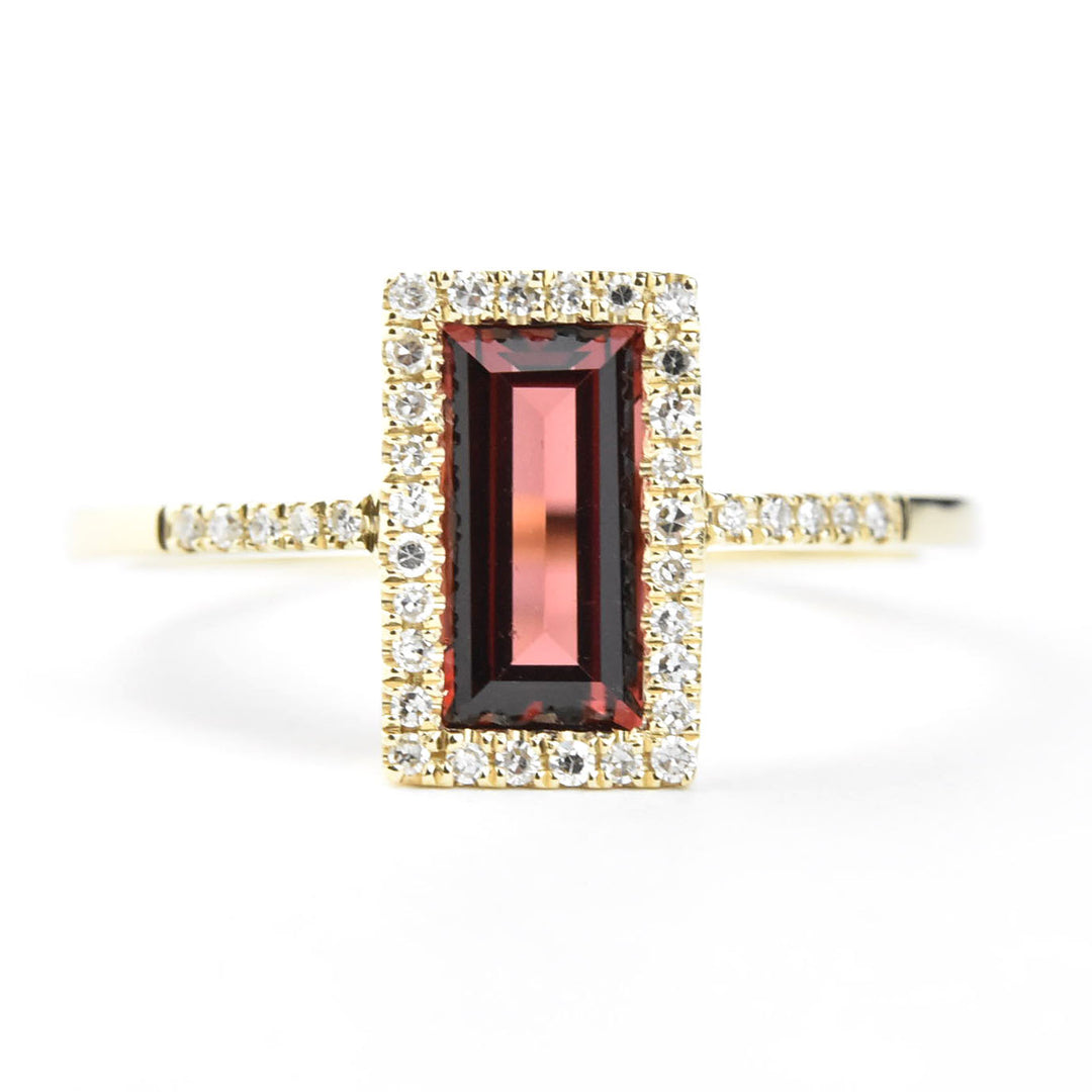 Garnet and Diamond Halo Ring in Yellow Gold