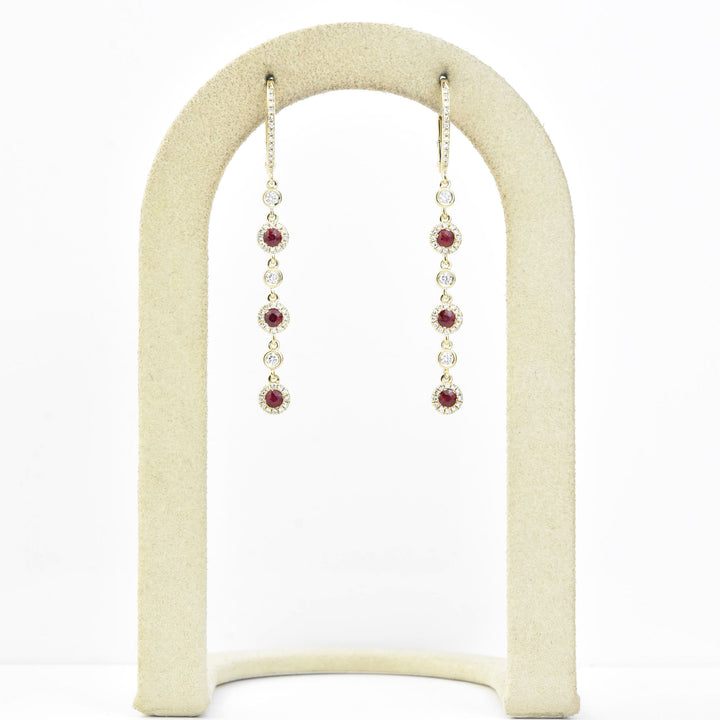 Long Ruby and Diamond Halo Earrings