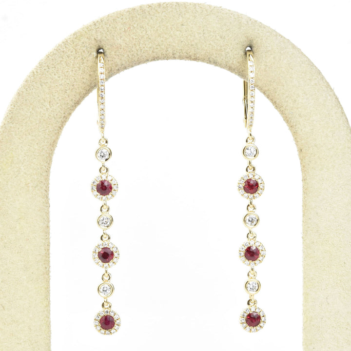Long Ruby and Diamond Halo Earrings