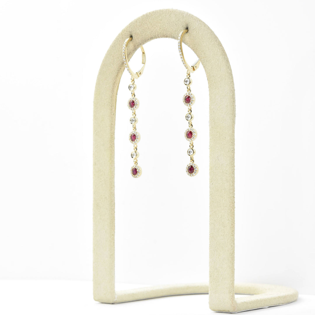 Long Ruby and Diamond Halo Earrings