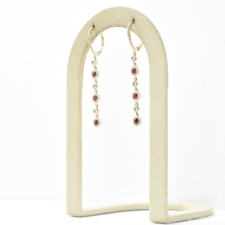 Long Ruby and Diamond Halo Earrings