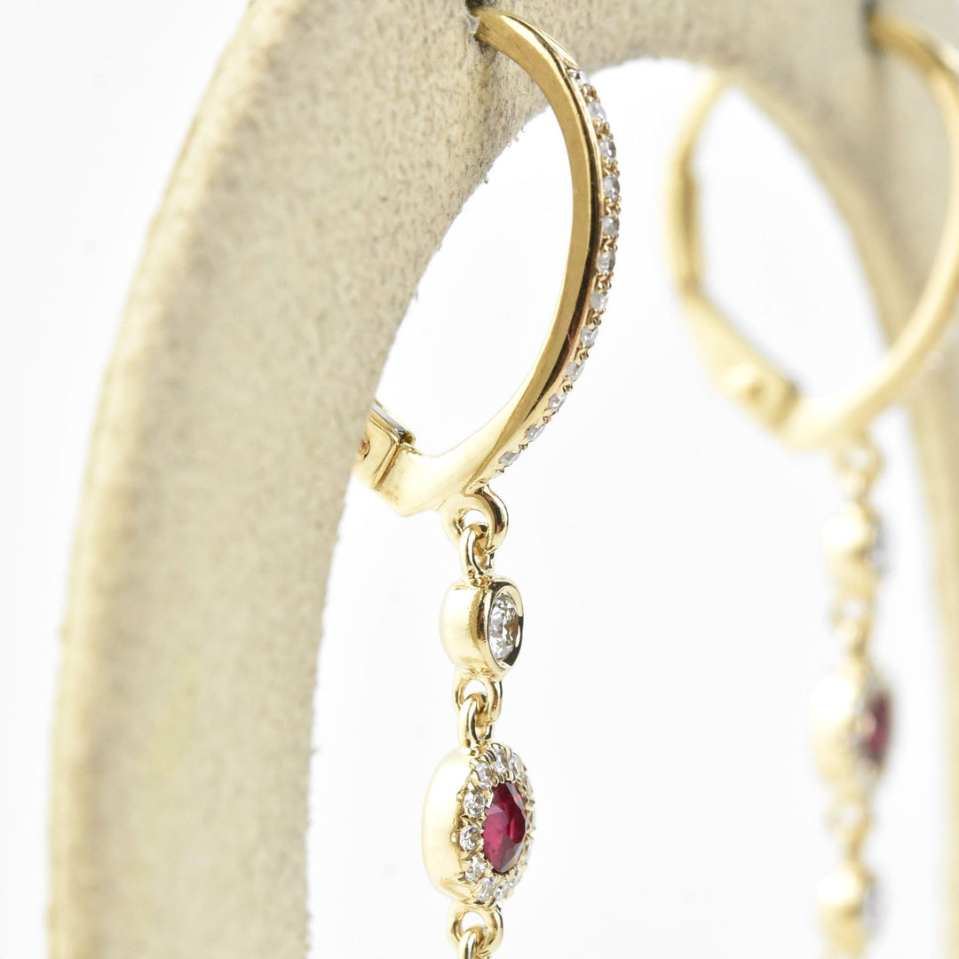Long Ruby and Diamond Halo Earrings