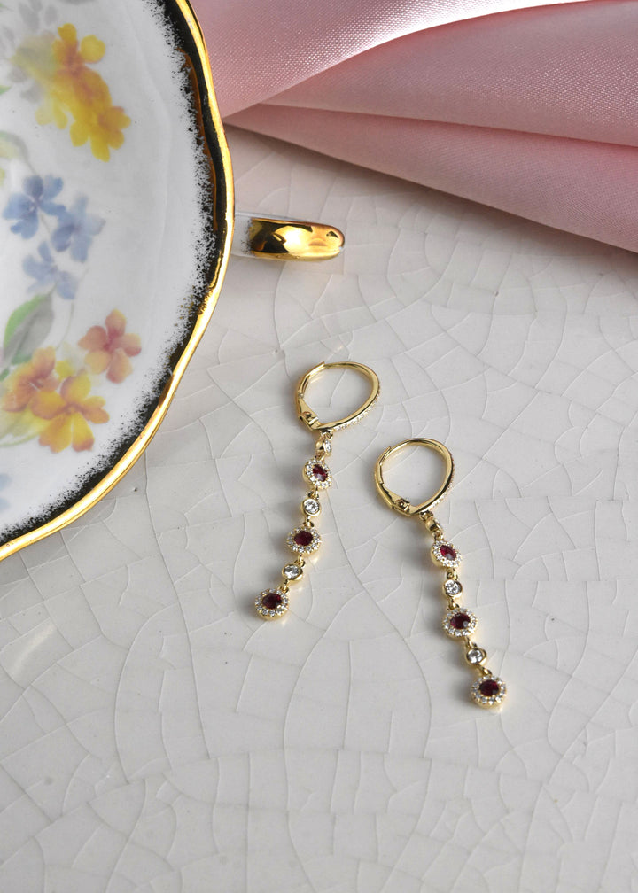 Long Ruby and Diamond Halo Earrings