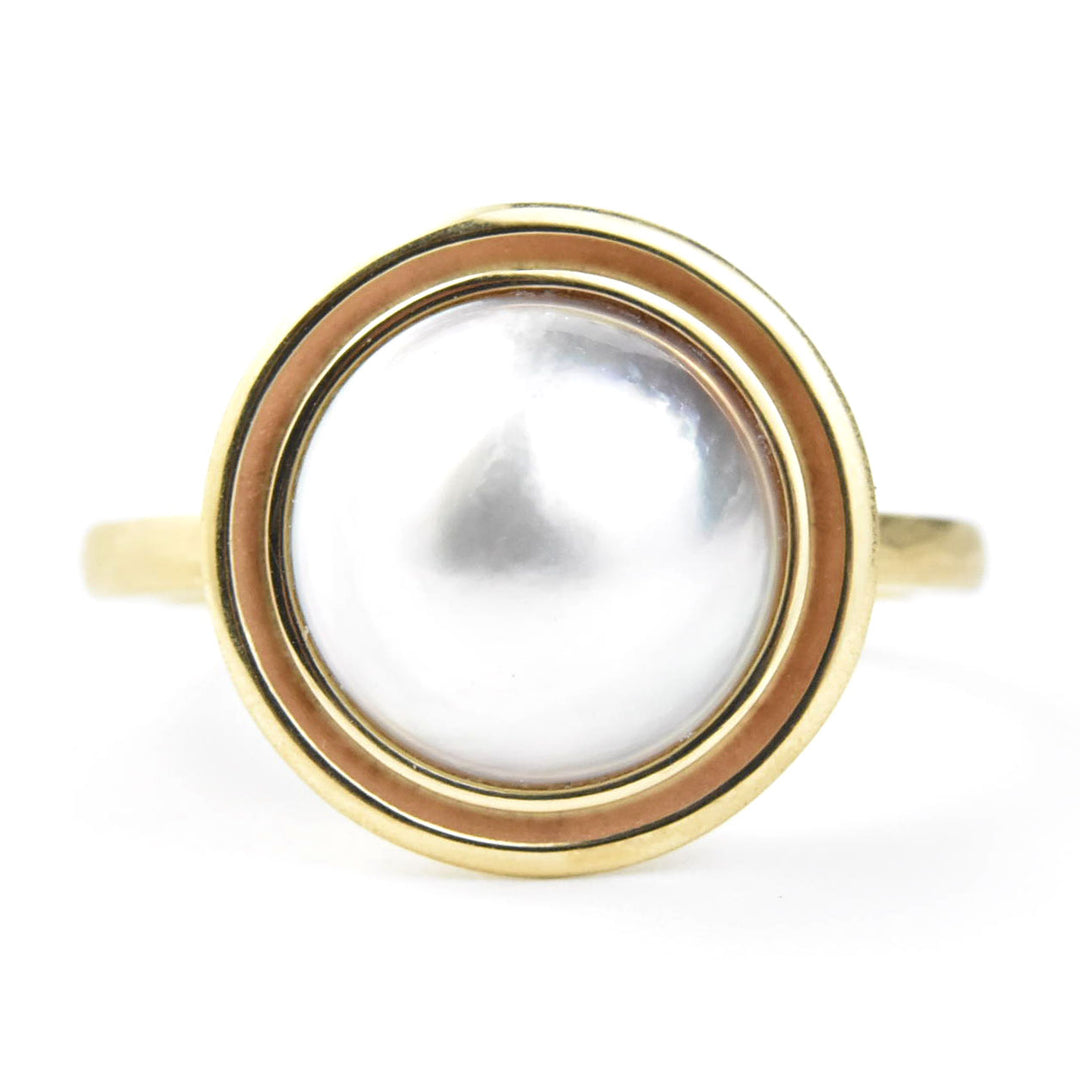White Mabe Pearl Ring in Yellow Gold Double Bezel - Goldmakers Fine Jewelry