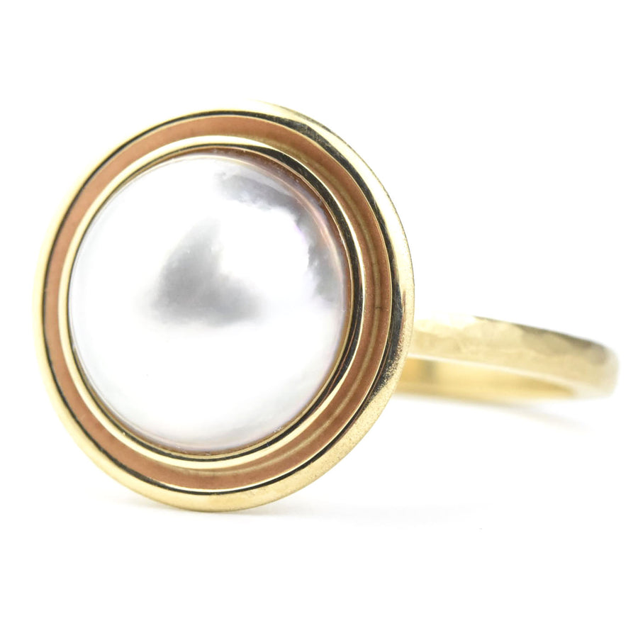 White Mabe Pearl Ring in Yellow Gold Double Bezel - Goldmakers Fine Jewelry