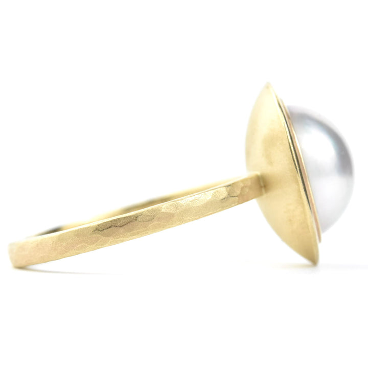 White Mabe Pearl Ring in Yellow Gold Double Bezel - Goldmakers Fine Jewelry