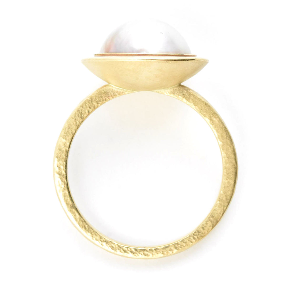 White Mabe Pearl Ring in Yellow Gold Double Bezel - Goldmakers Fine Jewelry