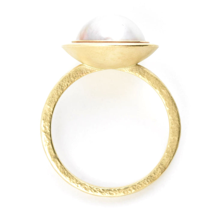 White Mabe Pearl Ring in Yellow Gold Double Bezel - Goldmakers Fine Jewelry