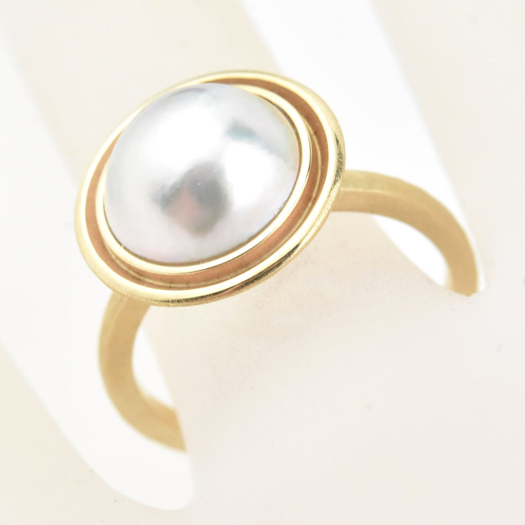 White Mabe Pearl Ring in Yellow Gold Double Bezel - Goldmakers Fine Jewelry