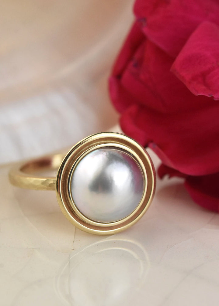 White Mabe Pearl Ring in Yellow Gold Double Bezel - Goldmakers Fine Jewelry