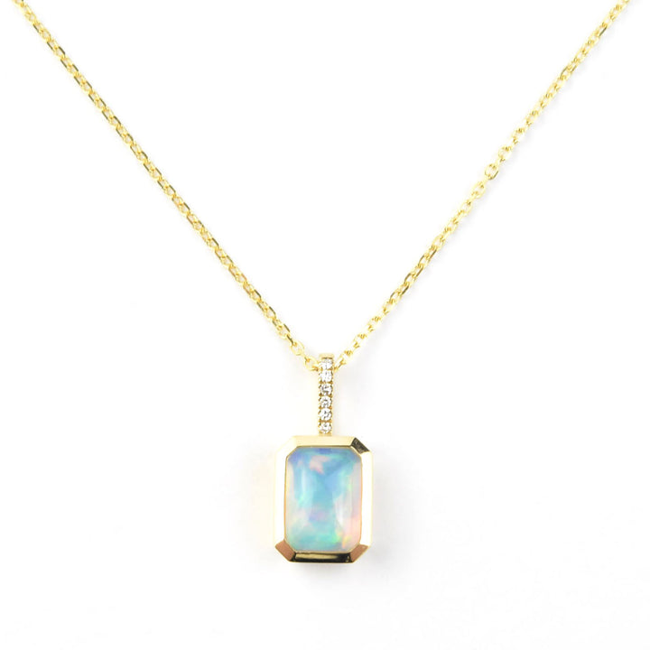 Bezel Set Opal and Diamond Necklace in Yellow Gold