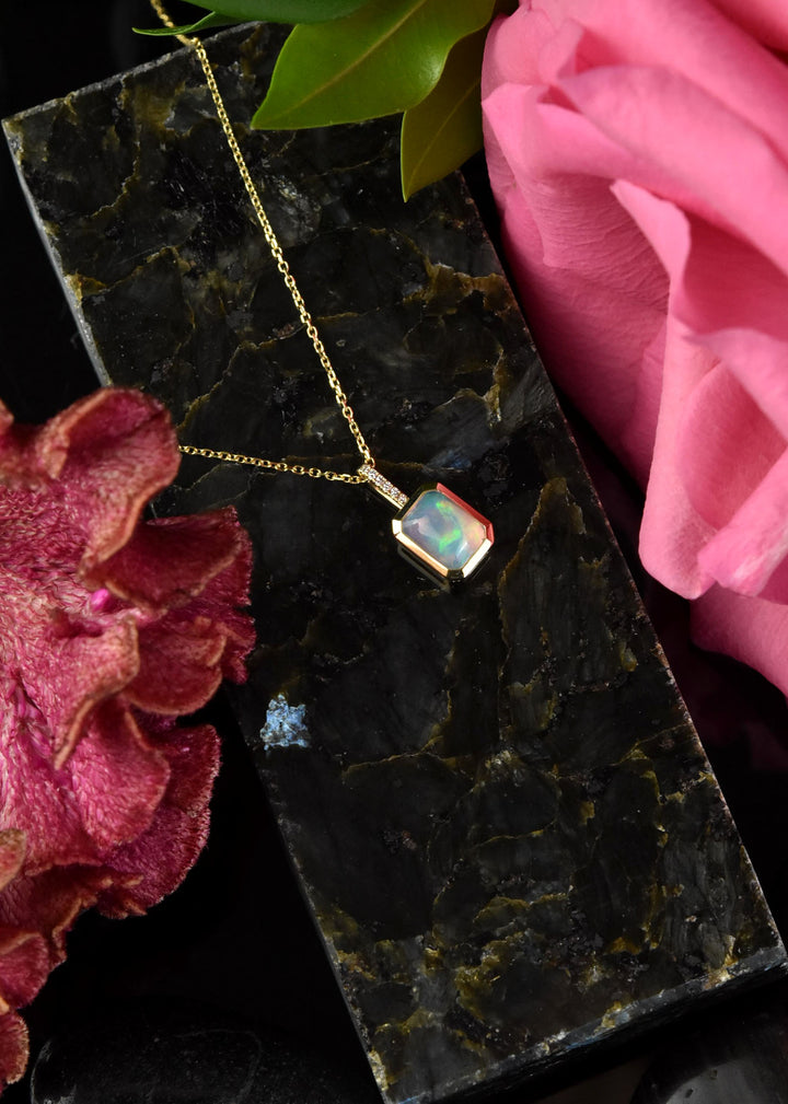 Bezel Set Opal and Diamond Necklace in Yellow Gold