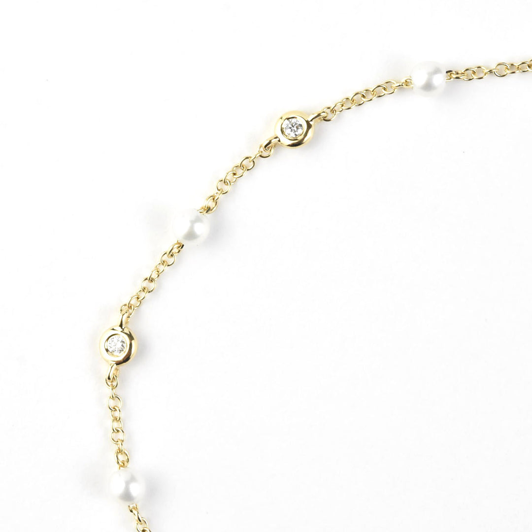 Pearl and Diamond Station Bracelet in 14k Yellow Gold