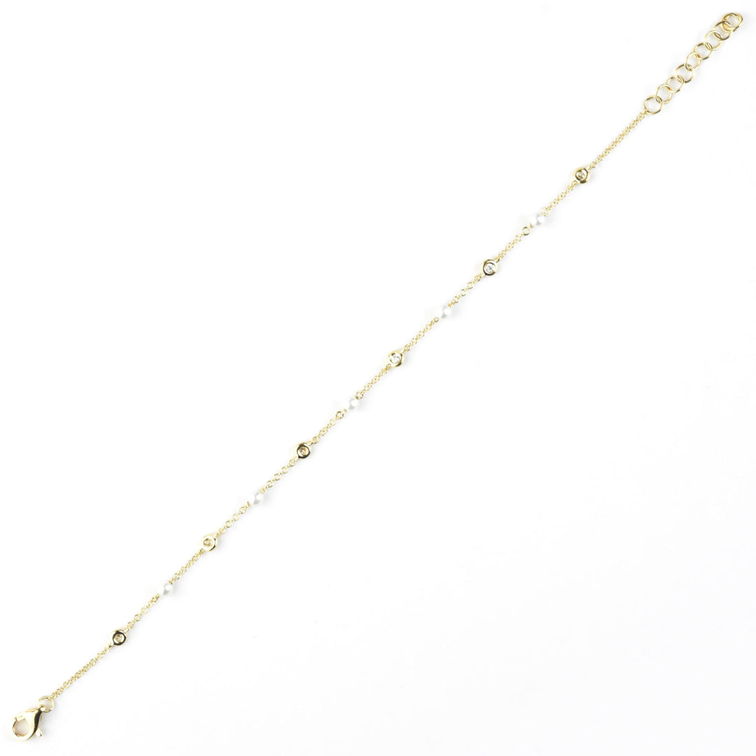 Pearl and Diamond Station Bracelet in 14k Yellow Gold