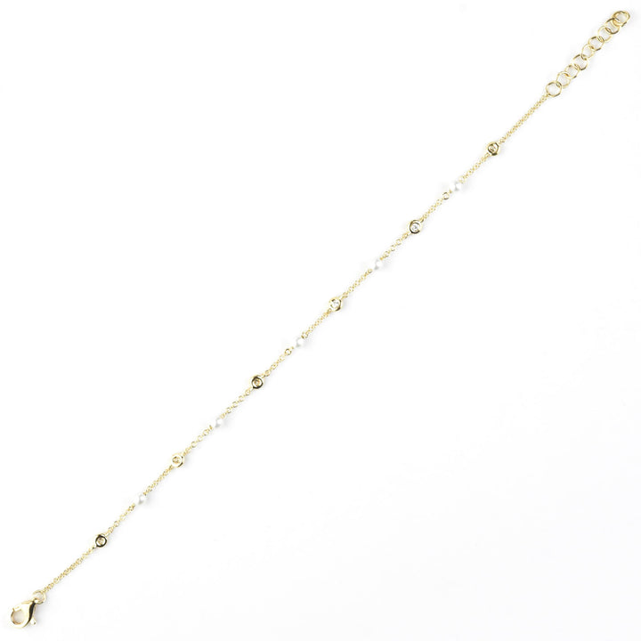 Pearl and Diamond Station Bracelet in 14k Yellow Gold