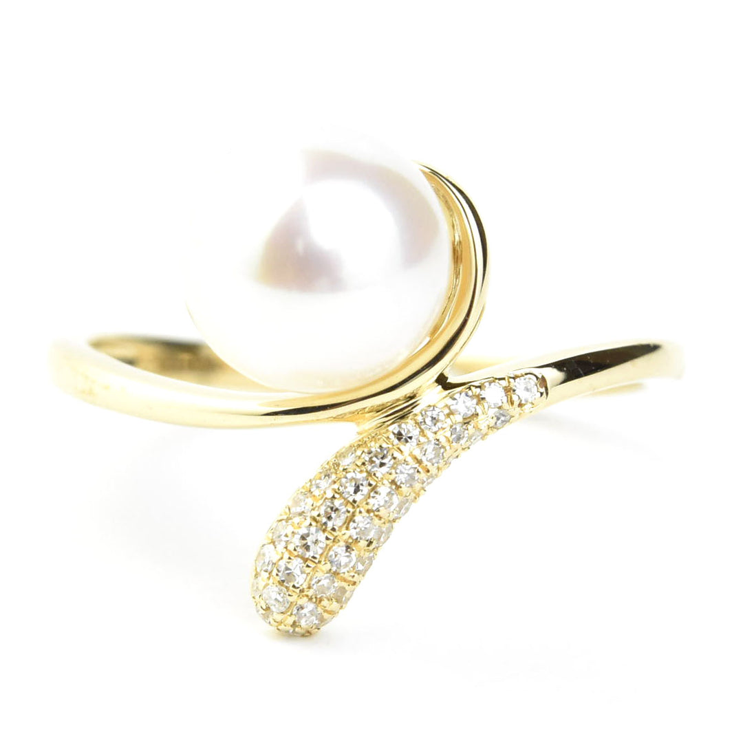 Diamond and Pearl Bypass Ring in 14k Yellow Gold - Goldmakers Fine Jewelry