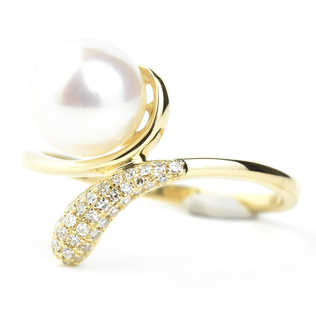 Diamond and Pearl Bypass Ring in 14k Yellow Gold - Goldmakers Fine Jewelry