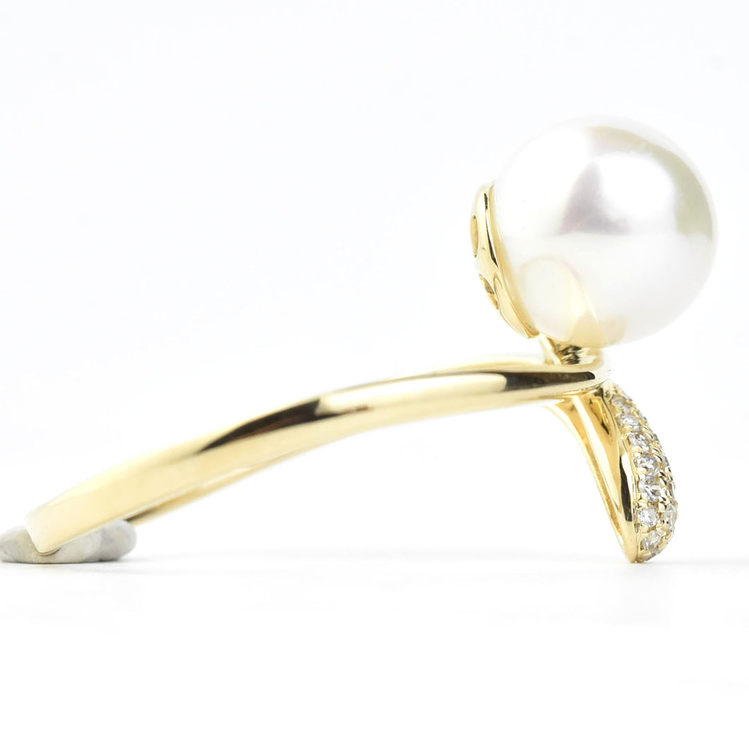 Diamond and Pearl Bypass Ring in 14k Yellow Gold - Goldmakers Fine Jewelry