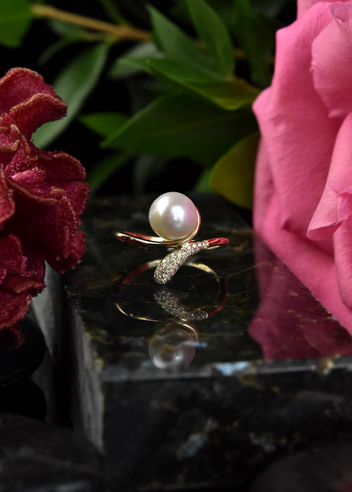 Diamond and Pearl Bypass Ring in 14k Yellow Gold - Goldmakers Fine Jewelry