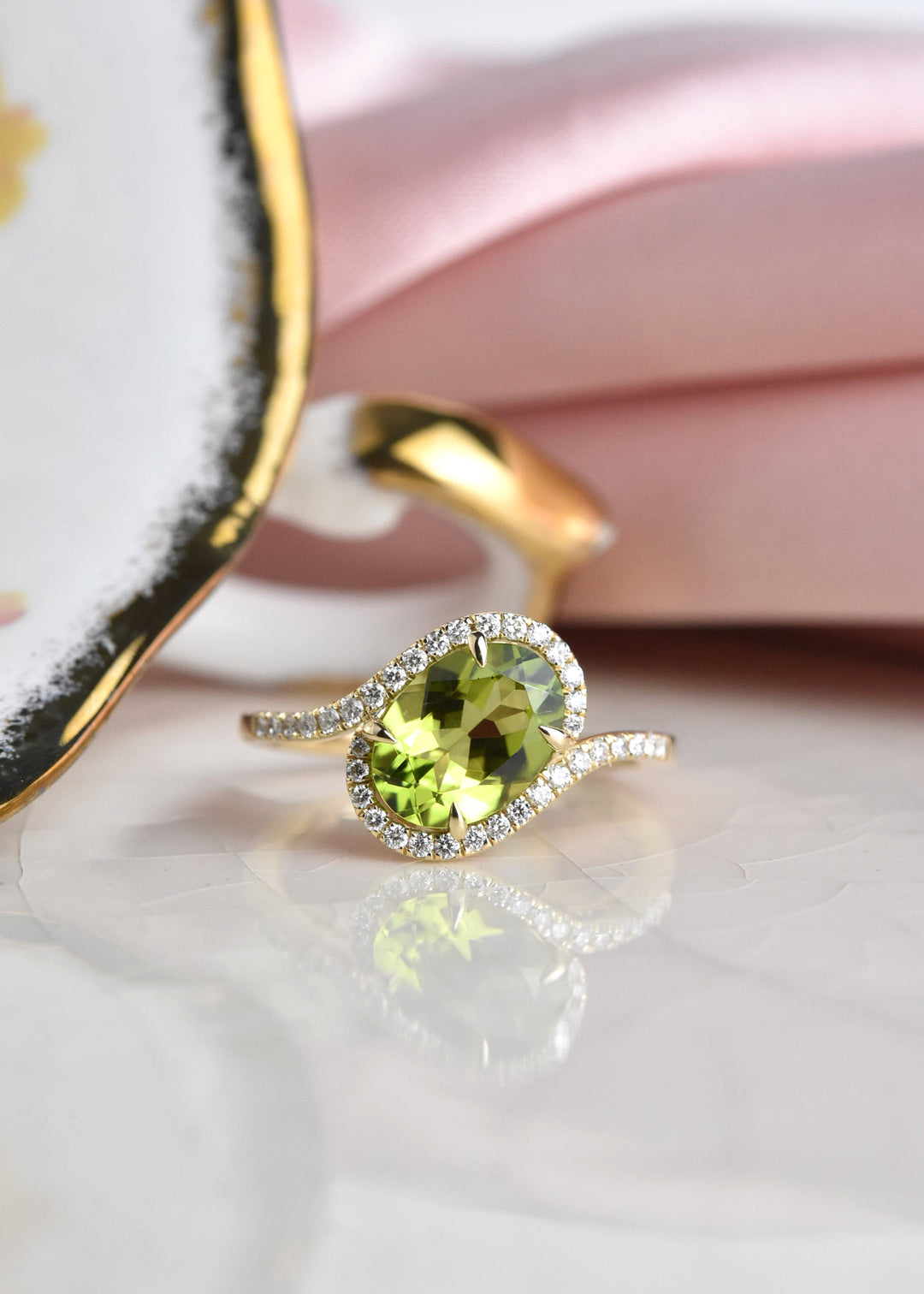 Peridot and Diamond Bypass Ring in 14k Yellow Gold