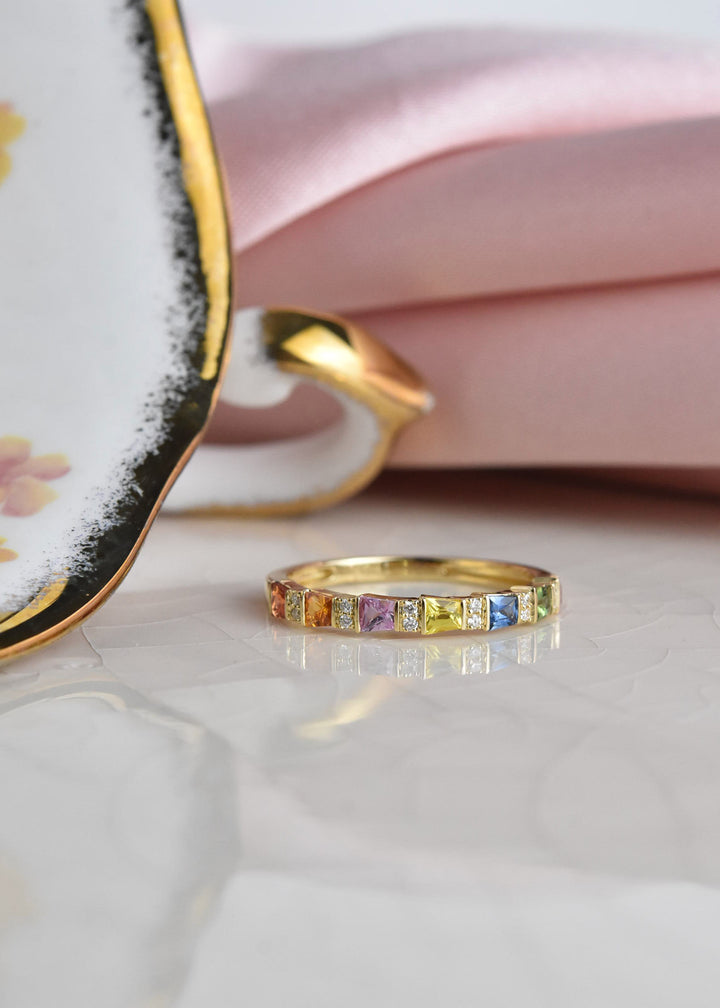 14k Yellow Gold Rainbow Sapphire & Diamond Band