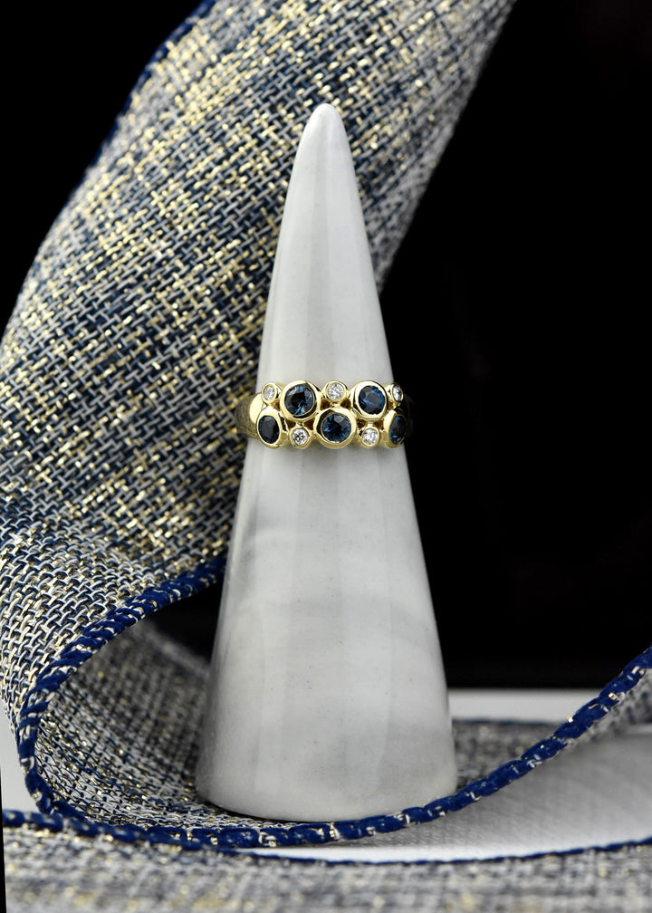 14k Yellow Gold Blue Sapphire & Diamond Bezel Band