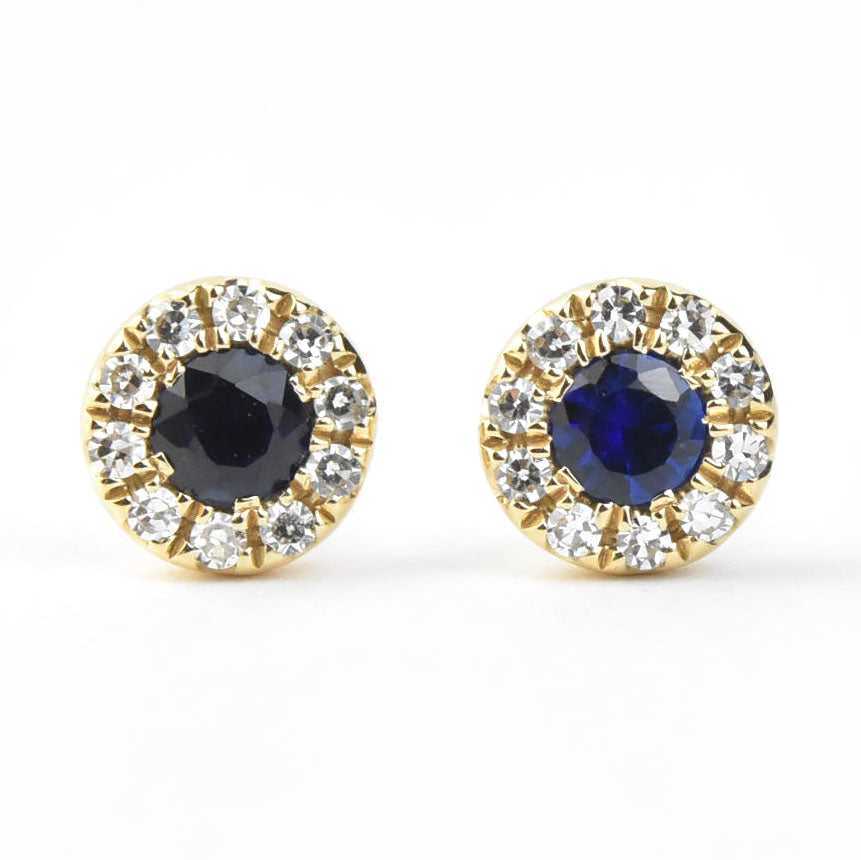 Sapphire and Diamond Halo Studs in 14k Yellow Gold