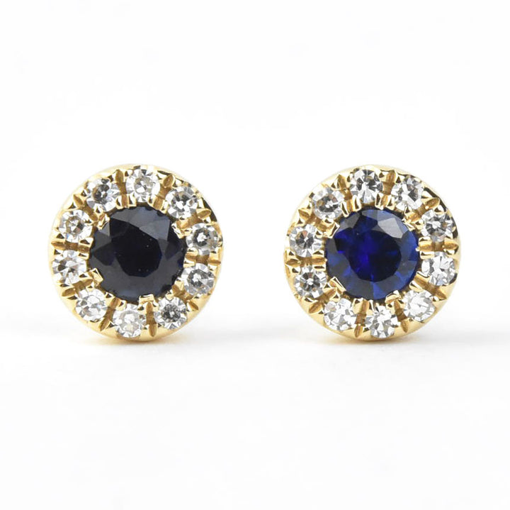 Sapphire and Diamond Halo Studs in 14k Yellow Gold