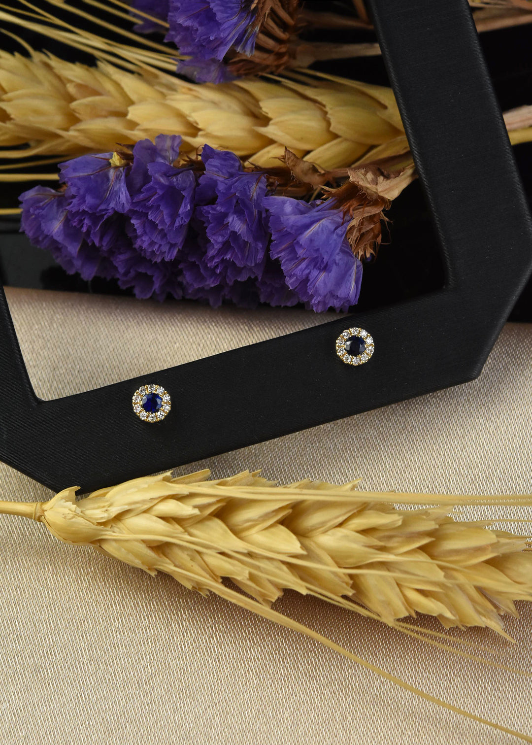 Sapphire and Diamond Halo Studs in 14k Yellow Gold