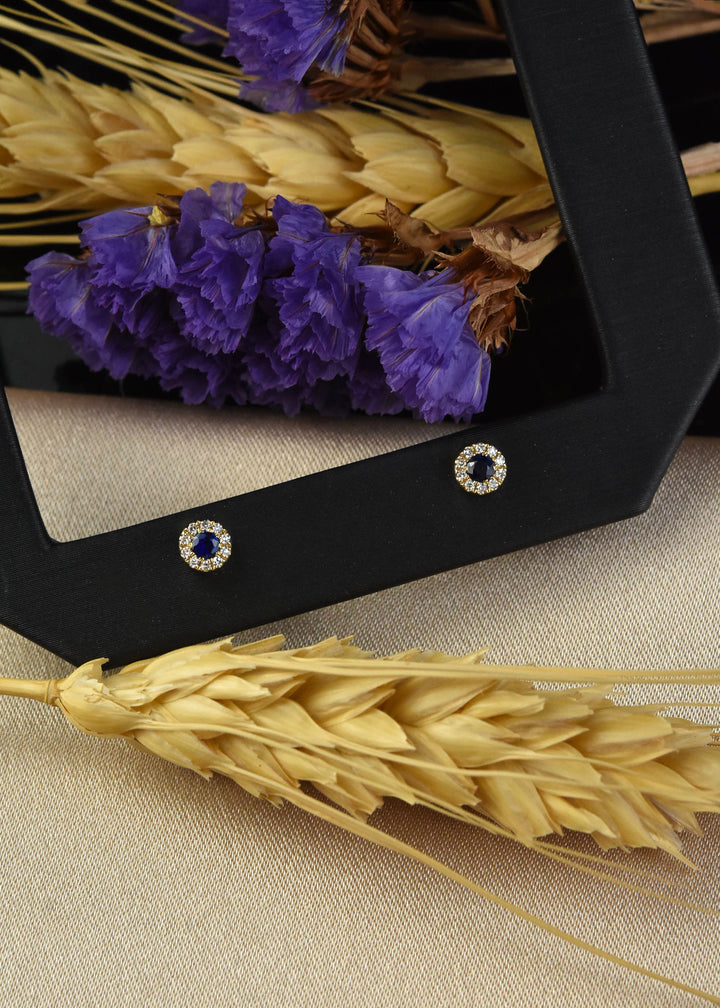 Sapphire and Diamond Halo Studs in 14k Yellow Gold