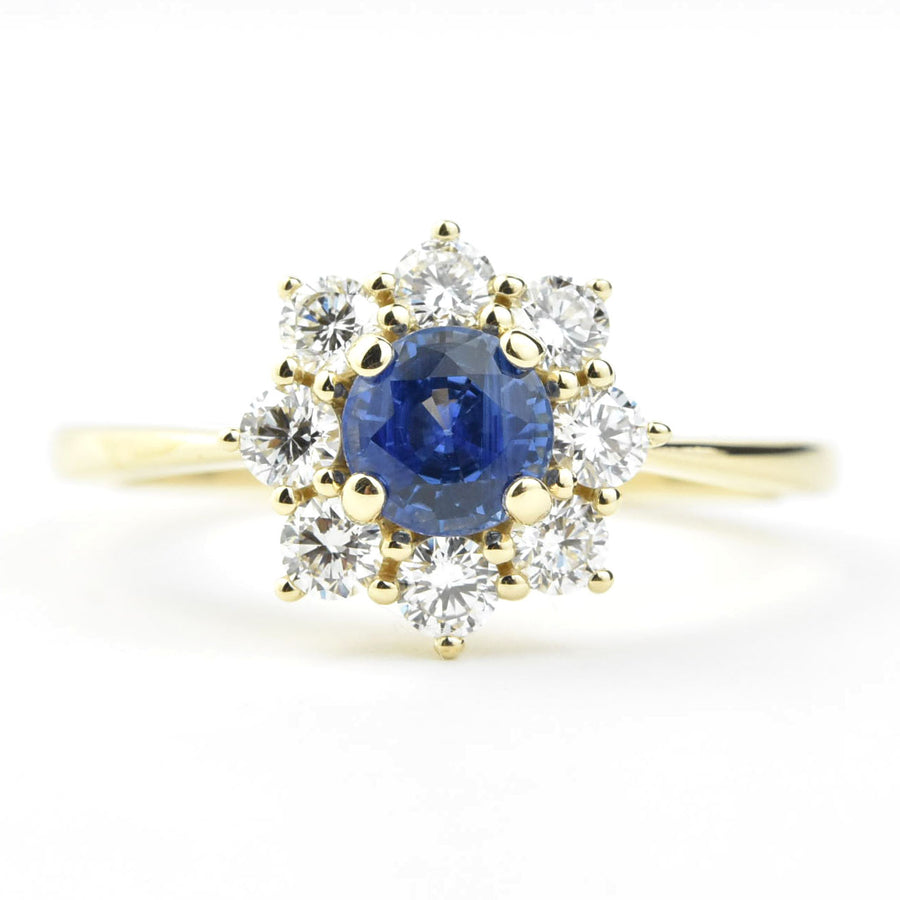 Blue Sapphire Ring with Diamond Halo in 14k Yellow Gold - Goldmakers Fine Jewelry