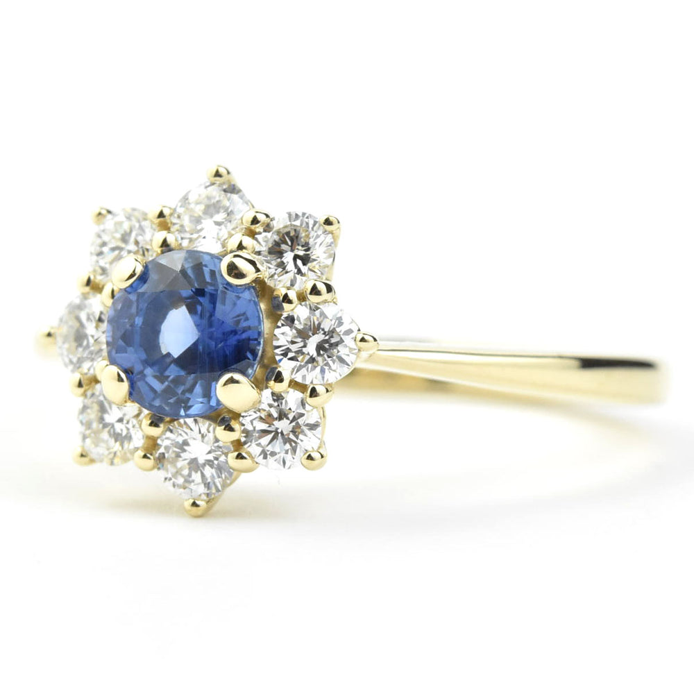 Blue Sapphire Ring with Diamond Halo in 14k Yellow Gold - Goldmakers Fine Jewelry