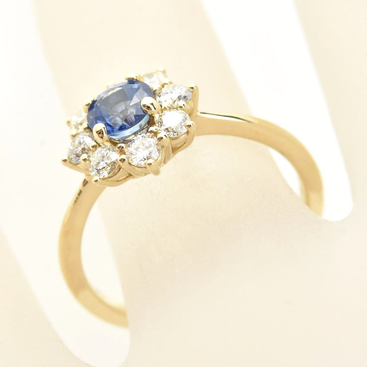 Blue Sapphire Ring with Diamond Halo in 14k Yellow Gold - Goldmakers Fine Jewelry