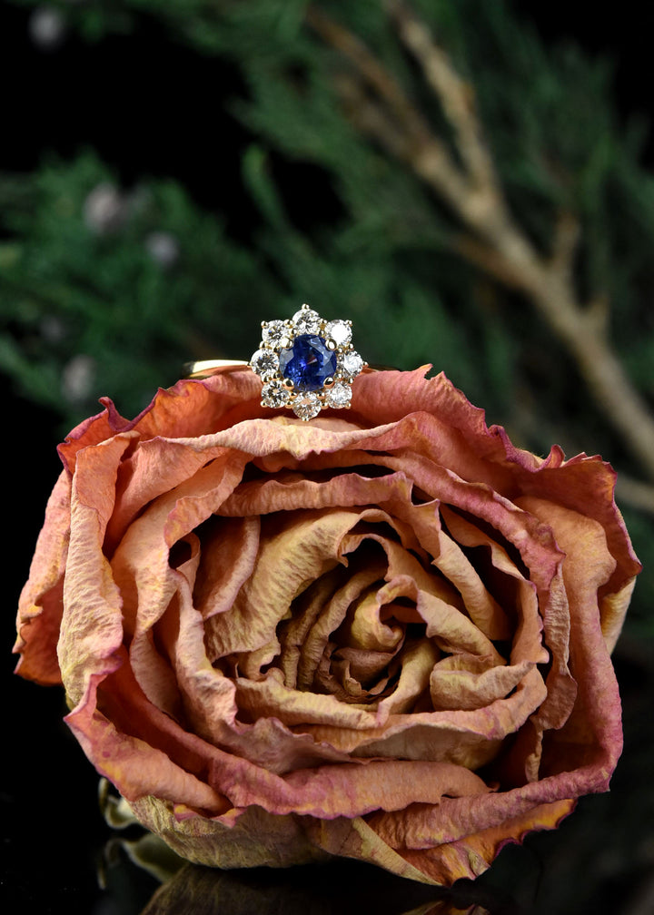 Blue Sapphire Ring with Diamond Halo in 14k Yellow Gold - Goldmakers Fine Jewelry