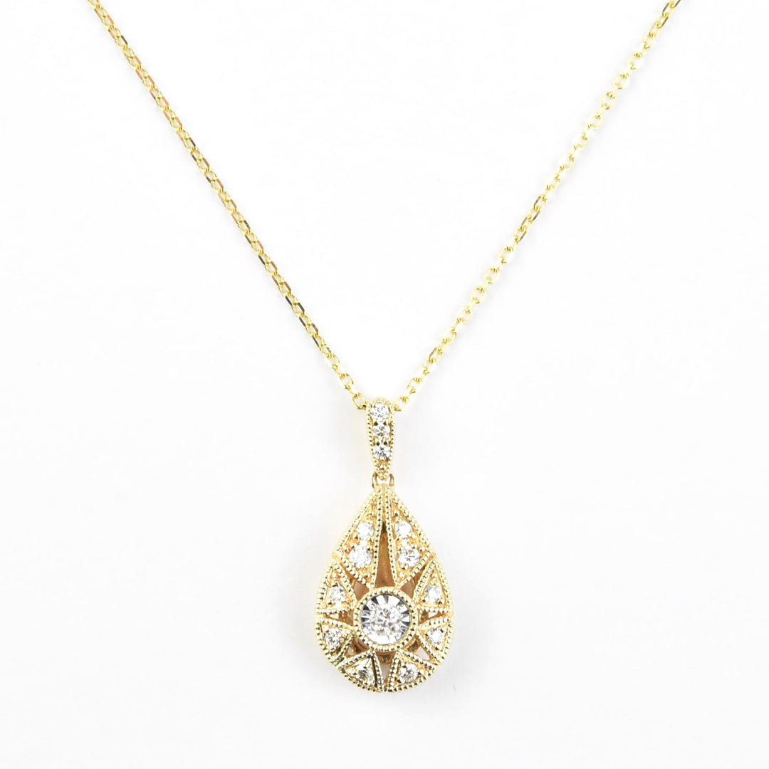 14k Yellow Gold Teardrop Diamond Starburst Necklace